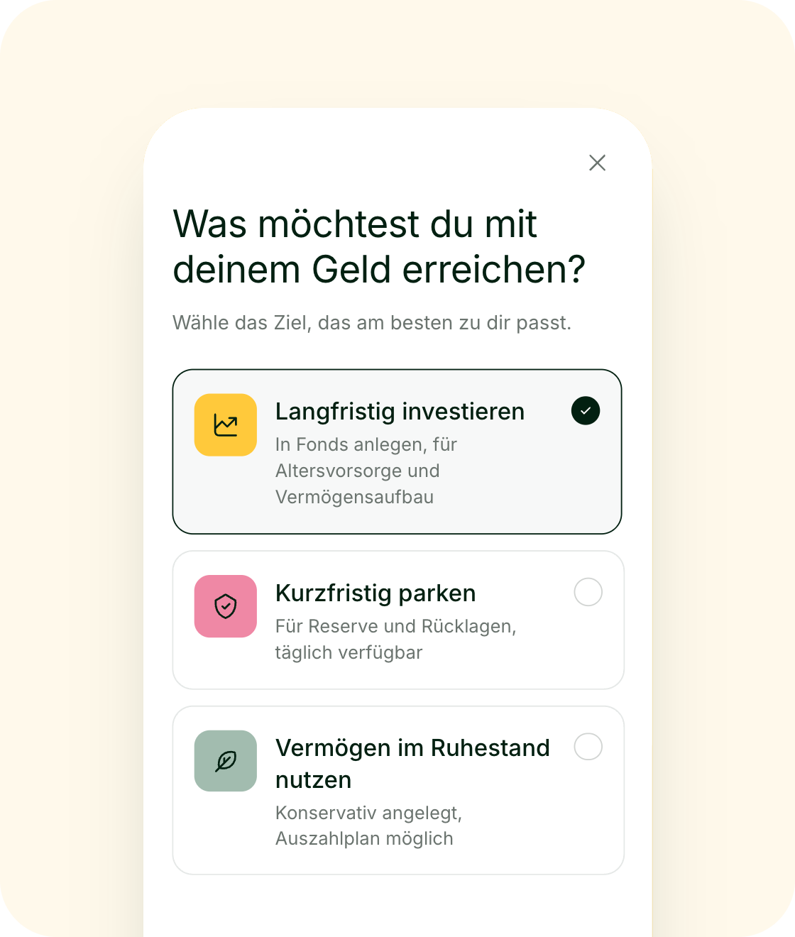 App-Screen: Auswahl des Ziels „Langfristig investieren“