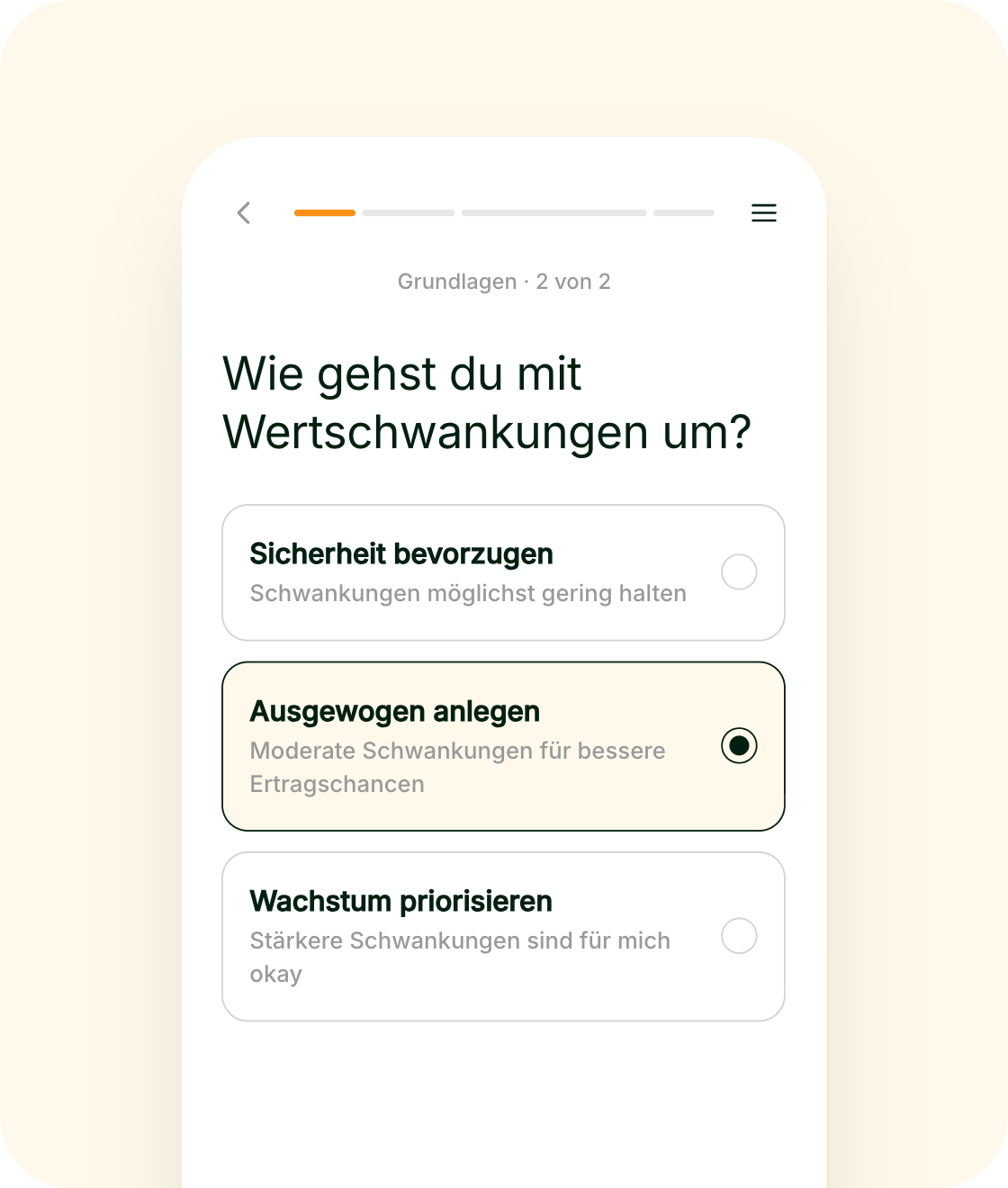 App-Screen: Frage zum Umgang mit Wertschwankungen, Antwort „Ausgewogen anlegen“