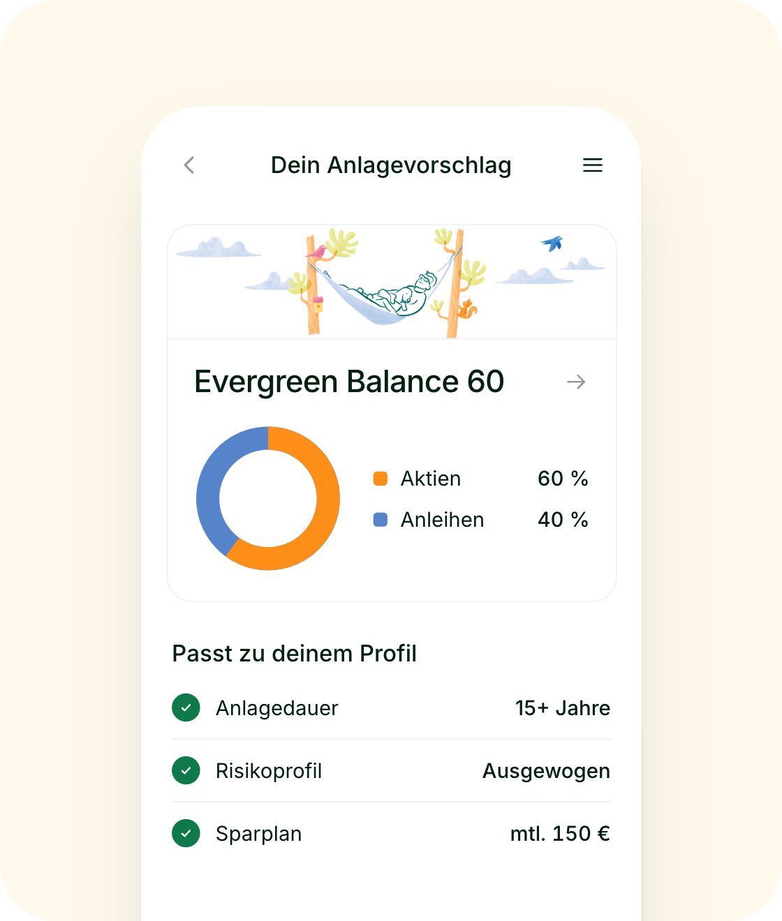 App-Screen: Anlagevorschlag Evergreen Balance 60 mit 60 % Aktien und 40 % Anleihen
